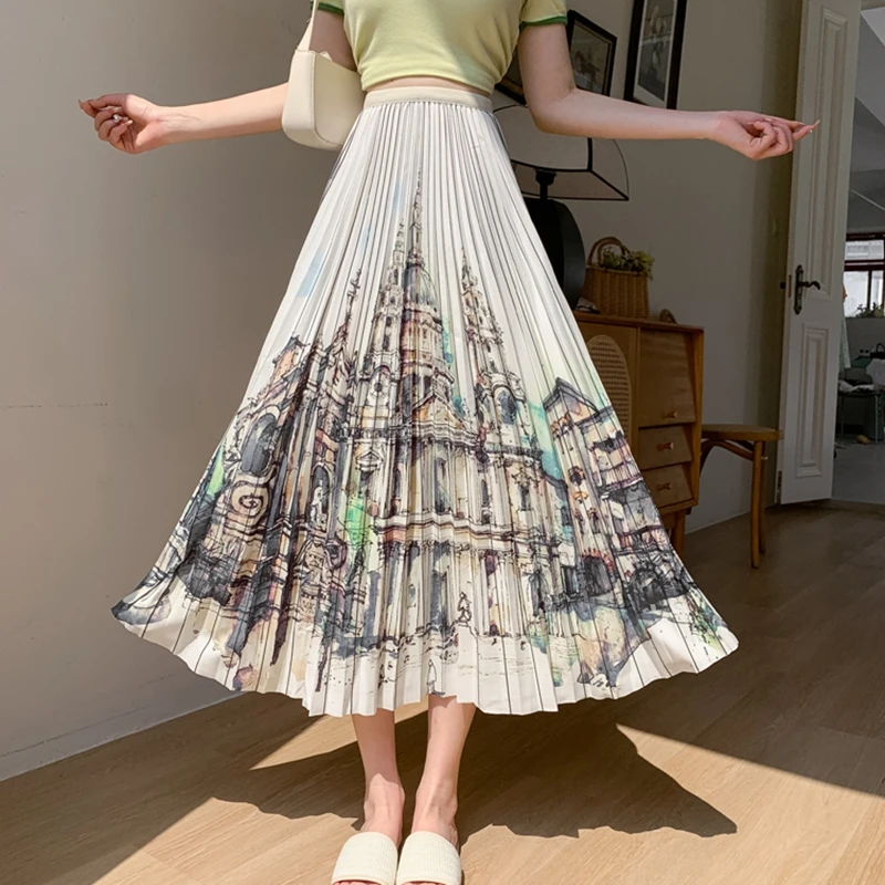

Женская винтажная плиссированная юбка, элегантная повседневная длинная юбка А-силуэта с высокой талией и принтом в Корейском стиле, весна-лето 2023