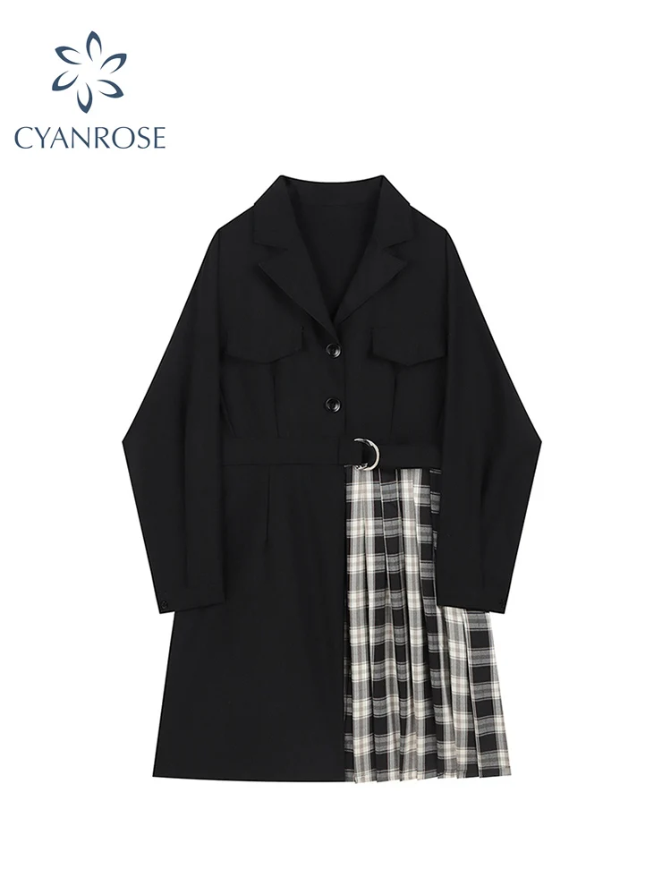 

Womens Sashes High Waist Dress Fashion Long Sleeve Plaid Patchwork Sweet Elegant Office Lady Single Breasted Mini Blazer Dress
