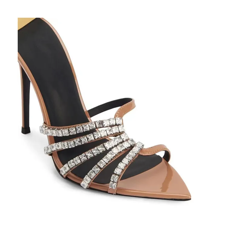 

Chains Sandals Slingback Mules Mesh Women Shoes Hollow Thin Heels Open Toe Stiletto Pumps Chaussure Femme Luxe Marque Crystal