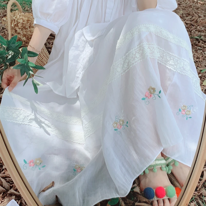 

2023 Summer Women's New Japanese Mori Girl Embroidered and Lace Ramie White French Cotton and Linen Long Skirt