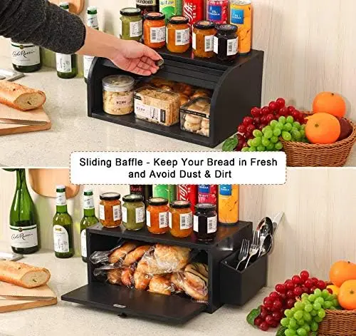 

Bread Box for Kitchen Counter Dobule Layer Roll Top Bread Storage Container with Silverware Basket - Can Use as 2 Individual Bre