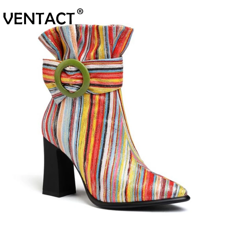 

VENTACT Size 33-43 Fashion Ankle Boots Multicolor Print Thick High Heel Shoes Women Buckle Zipper Street Chic Female Footwear
