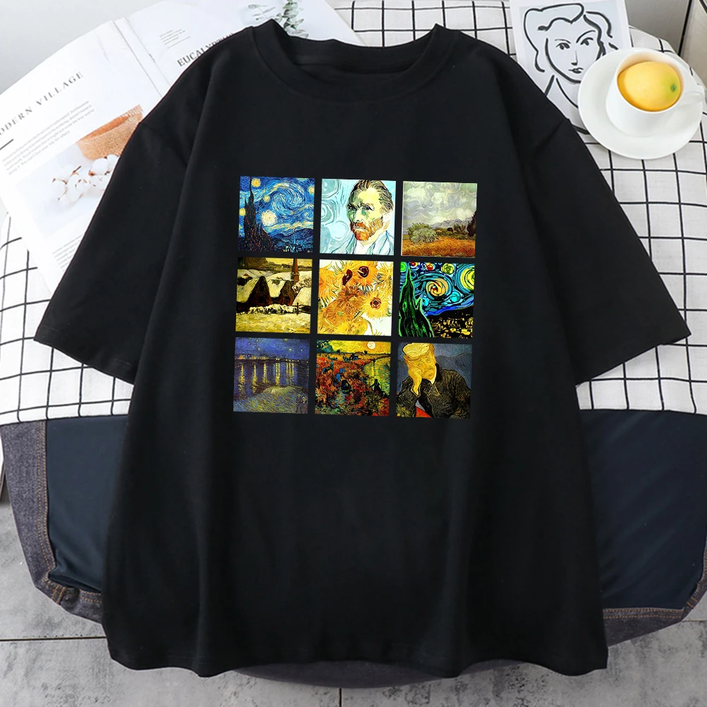 

Лидер продаж, мужская хлопковая дышащая Повседневная футболка с коротким рукавом и известным принтом на санскрите Ван Гога, Свободный Полный Топ, Мужская футболка