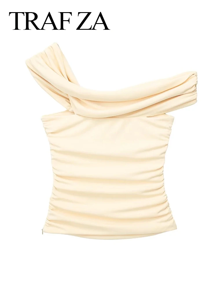 

TRAFZA Women Ruched Off Shoulder Tops Streetwear Sexy Tank Tops Woman Sleeveless Summer Top 2023 Women Asymmetric Crop Top