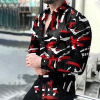 autumn mens fashion trend 3d brand print dark minimalist pattern shirt lapel long sleeved cardigan top loose street casual