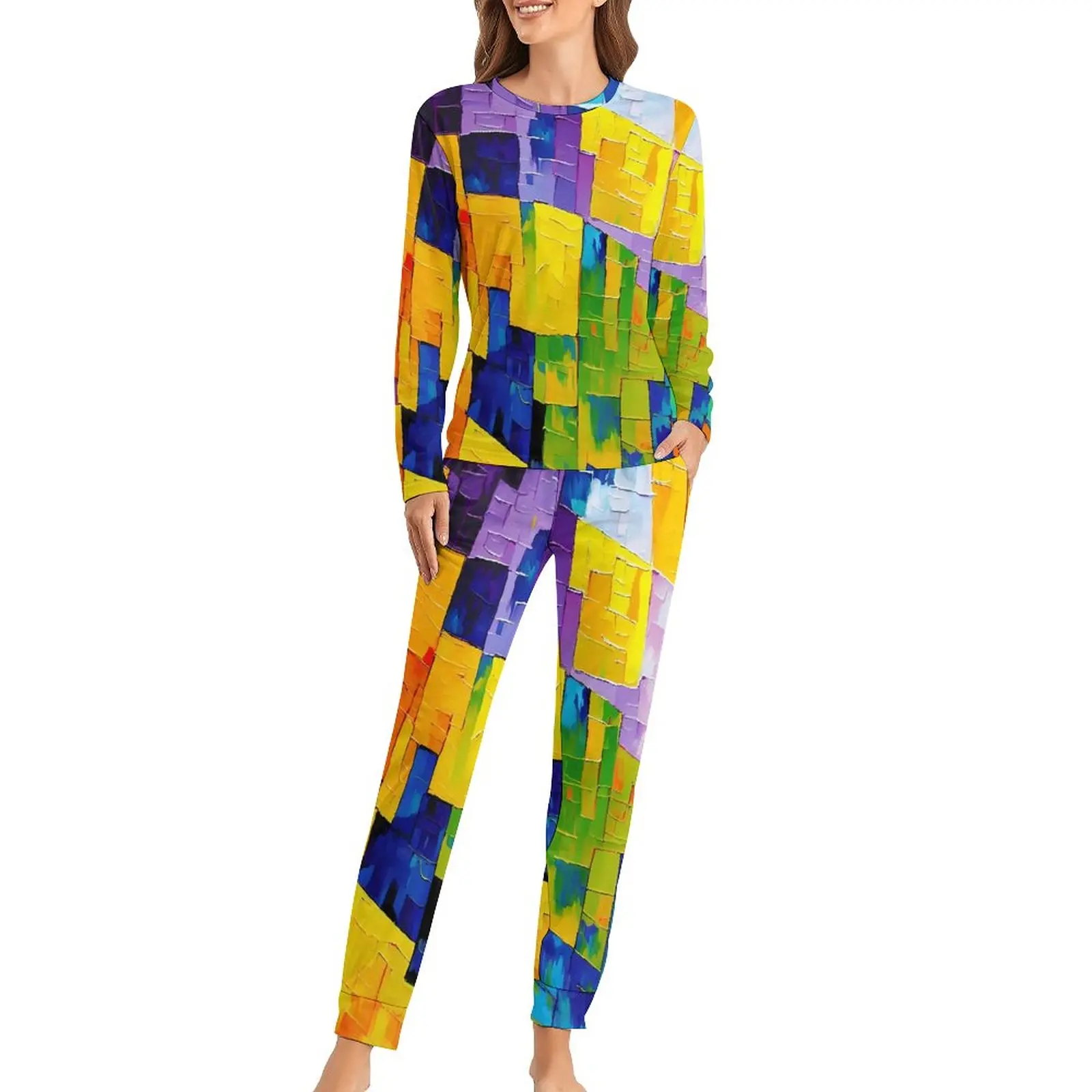 

Пижама с абстрактным геометрическим принтом, 2 предмета, домашний костюм для отдыха, женская теплая ночная одежда большого размера с длинными рукавами