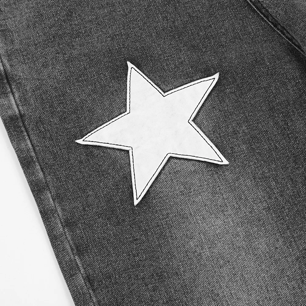 Blue Fashion Star Embroidered Jeans Mens Trendy Washed Loose Straight Denim Pants American Style High Street Wide Leg Trousers