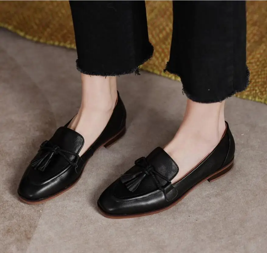 New Retro Black Style Square Head Women's Loafers Shoes Summer Fashion Style Tassel Comfortable Single Shoes Women Brown Shoes
