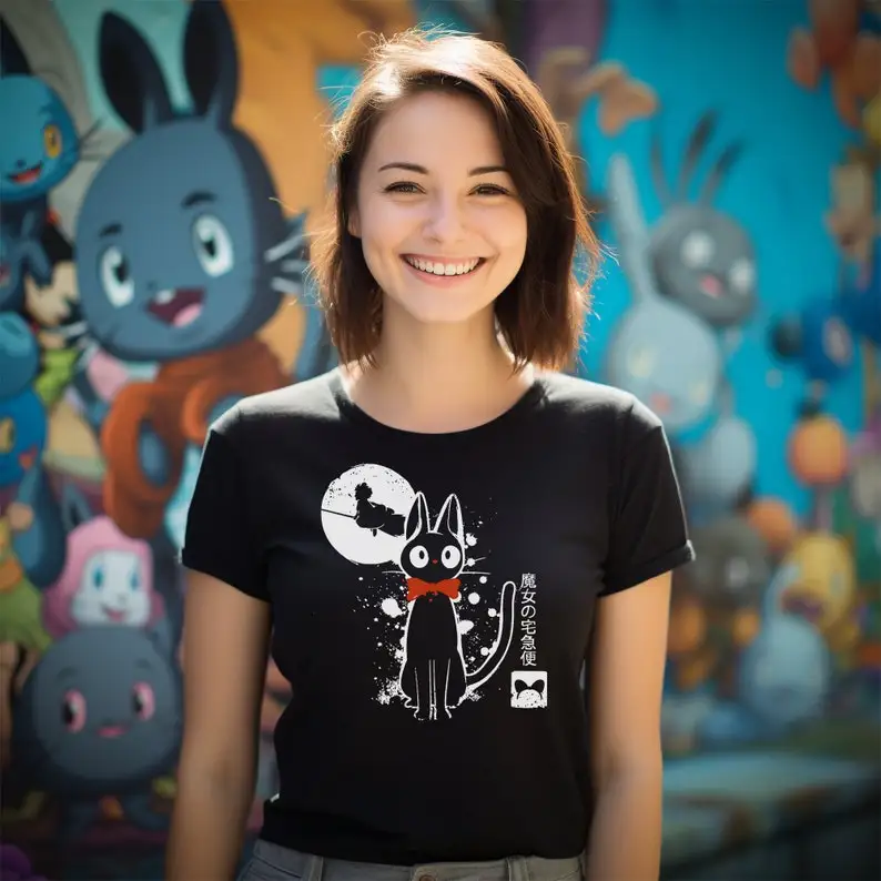Футболка с чернильным котом Kiki, японская футболка с фанатом из фильма аниме, черная рубашка унисекс - футболка с аниме, рубашка манги, подарок на день рождения, Рождество (art.: 3920d2adbef79) - 3920d2adbef79