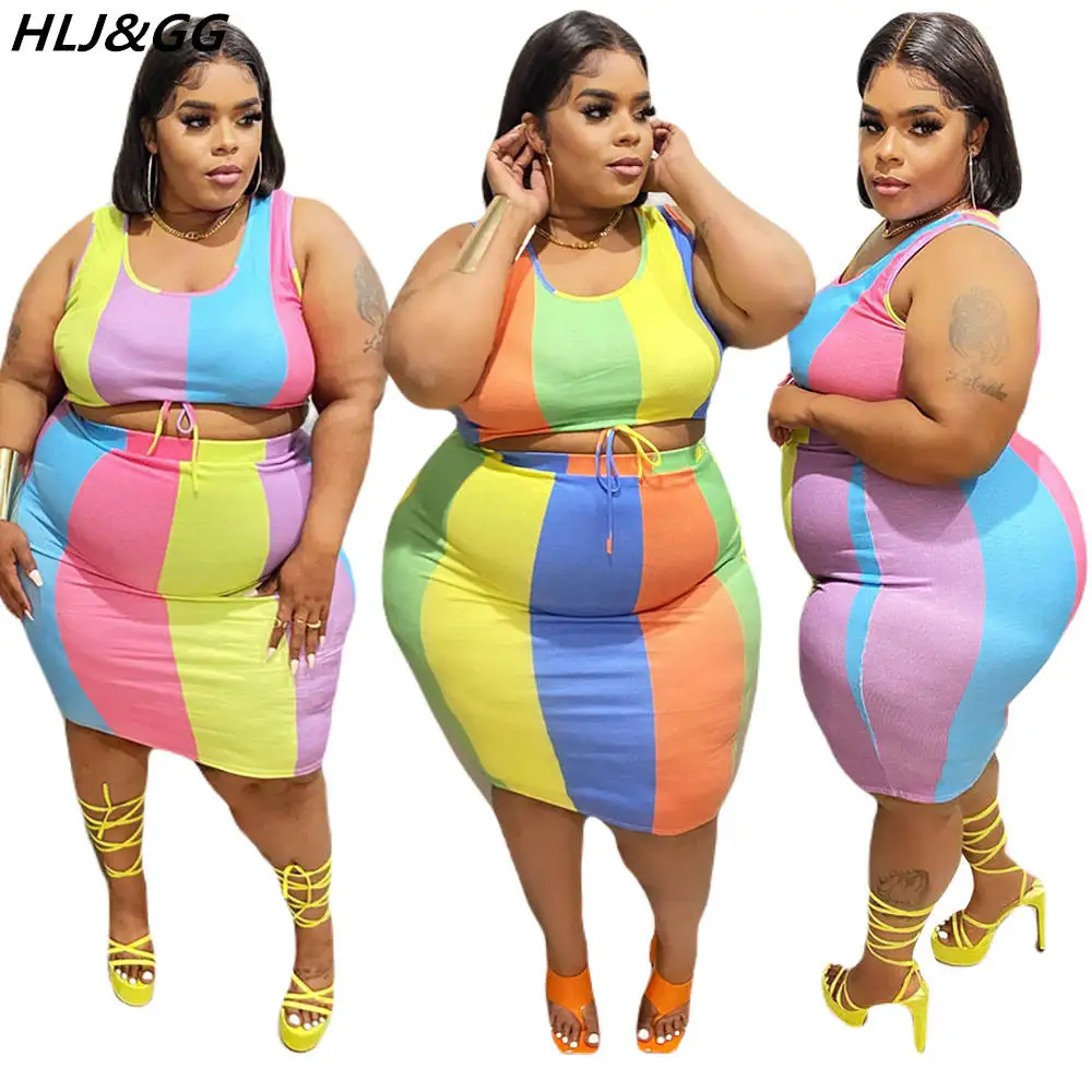 HLJ&GG Fashion Color Patchwork Skirt Two Piece Sets Women Sleeveless Roun Neck Vest And Skinny Skirt Outfits Plus Size Clothing