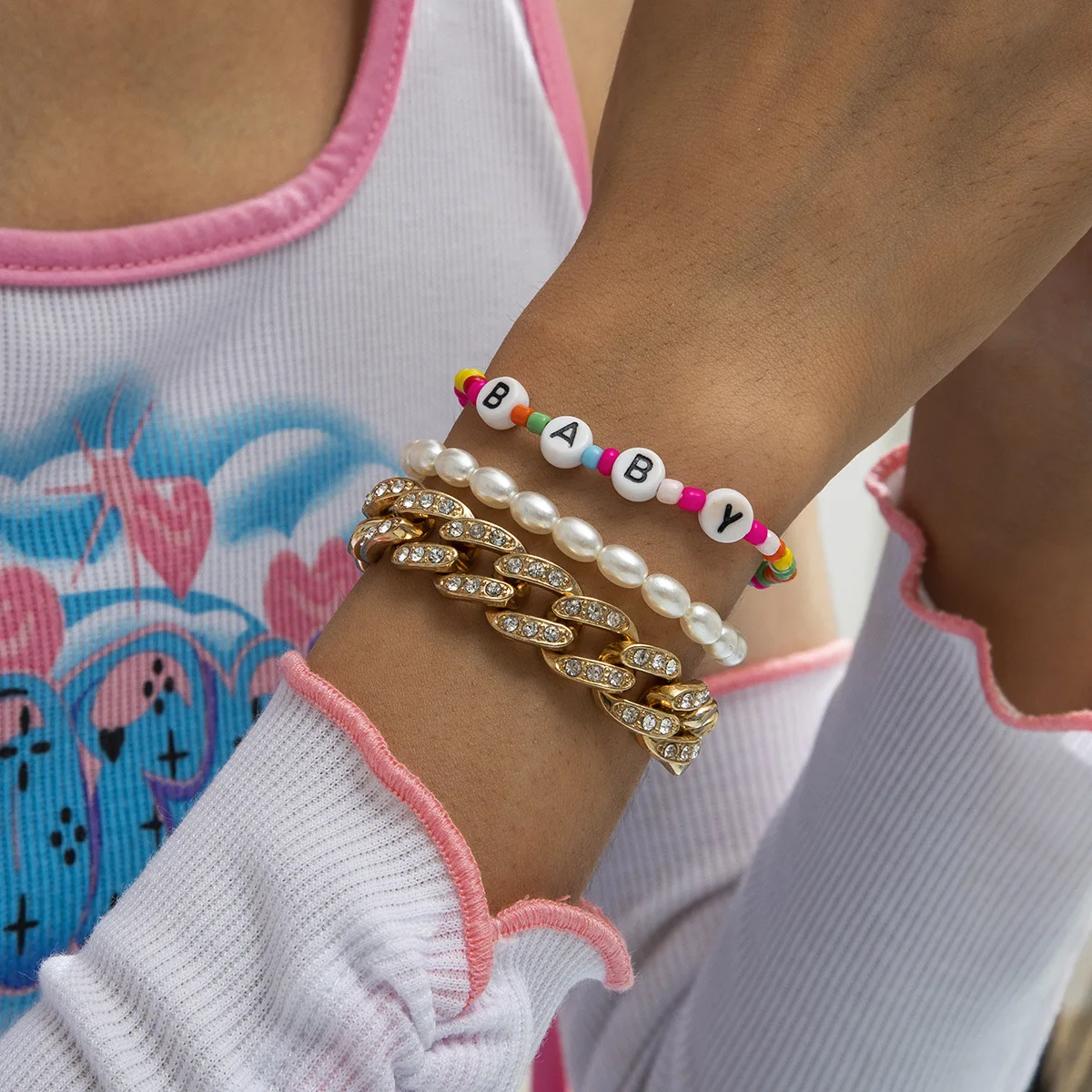 

Gold Chain Flower Crystal Beaded BABY Letters Pearls Bracelets Sets Multi Layer Jewelry for Women Boho Bracelet Jewelry