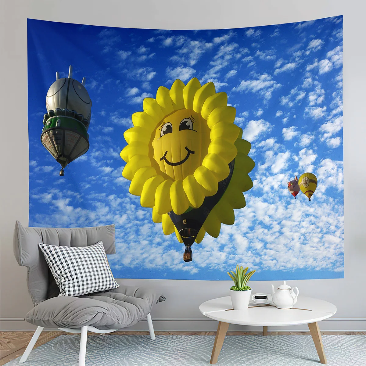 

Colorful Hot Air Balloon Tapestry Smiling Sunflower Tapestry Creative Style Tapestry Home Living Room Bedroom Wall Tapestries