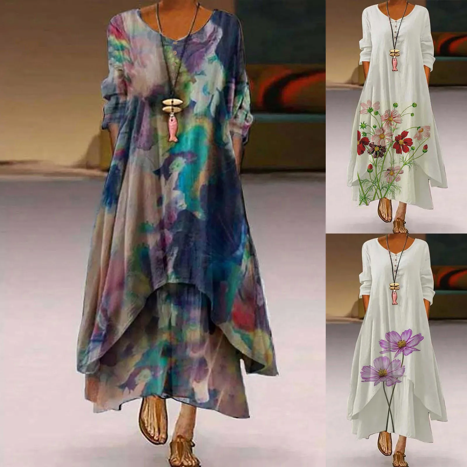 

Платье женское длинное с цветочным принтом, повседневное асимметричное свободное Макси-Платье с V-образным вырезом и рукавом три четверти, ...