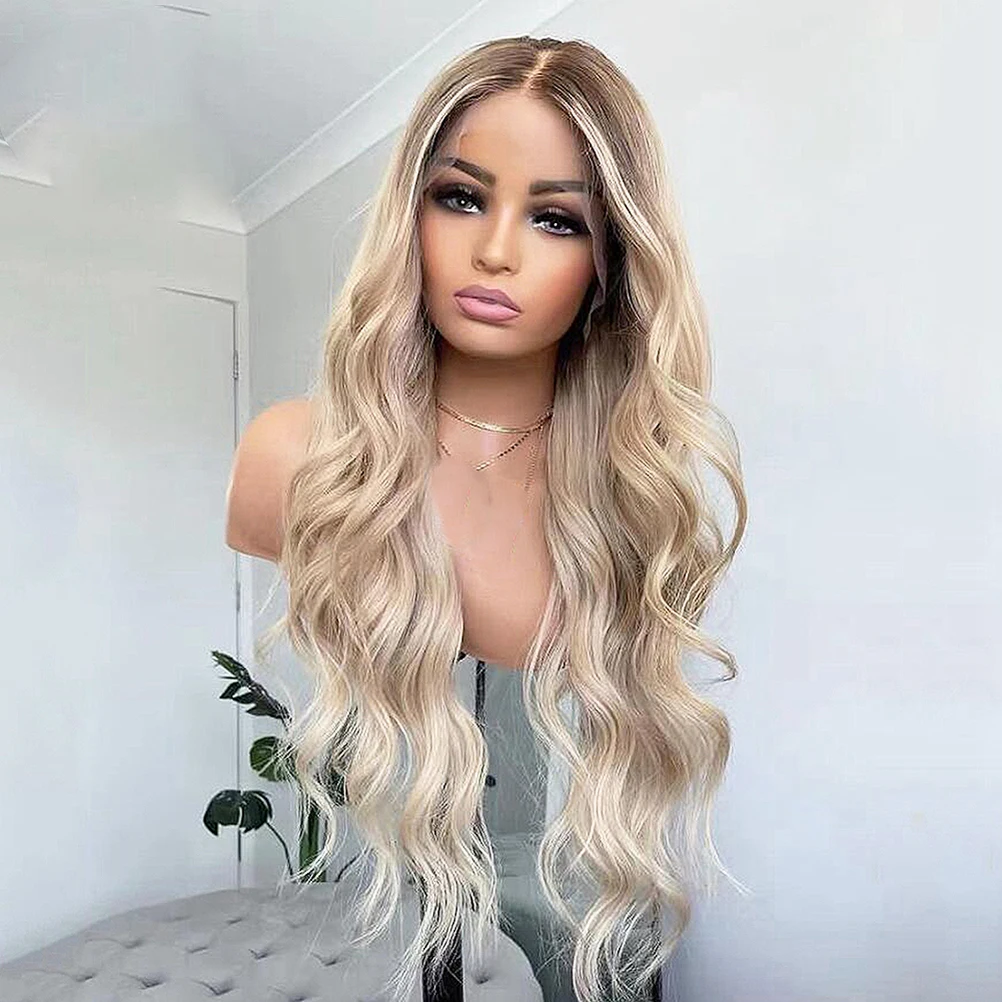 Ash Blonde Highlight Full Lace Human Hair Wigs Ombre Dark Roots Long Wavy 13x6 Lace Front Wig HD Transparent  200% Density