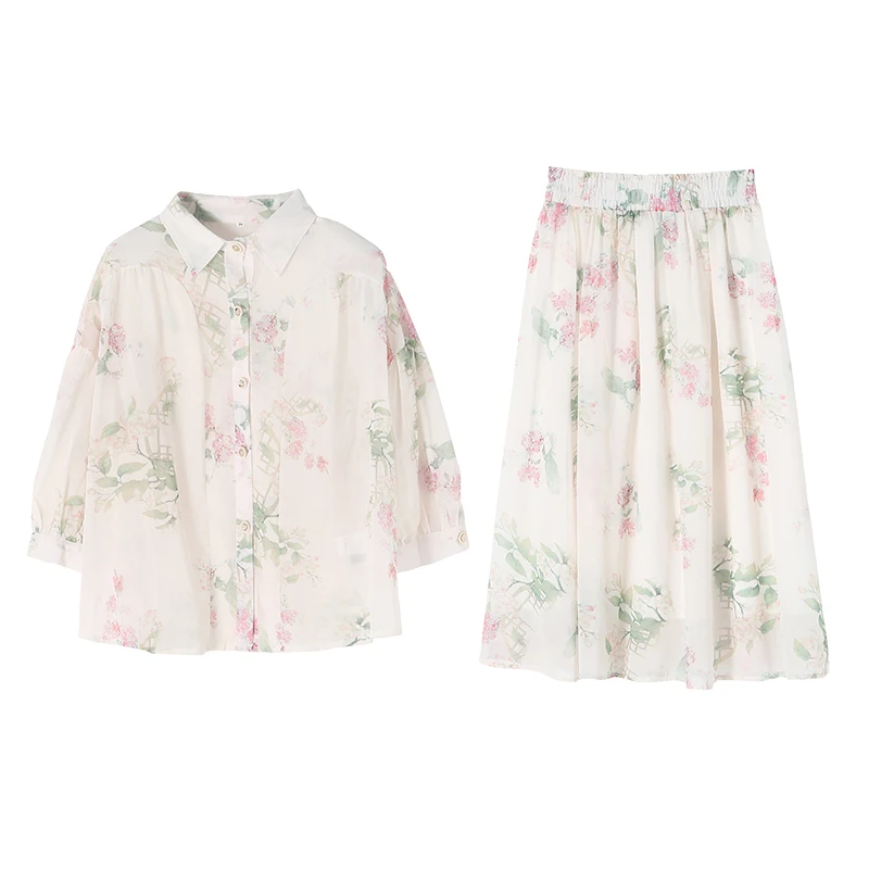 Женский костюм большого размера с цветочным принтом рубашка и трапециевидная