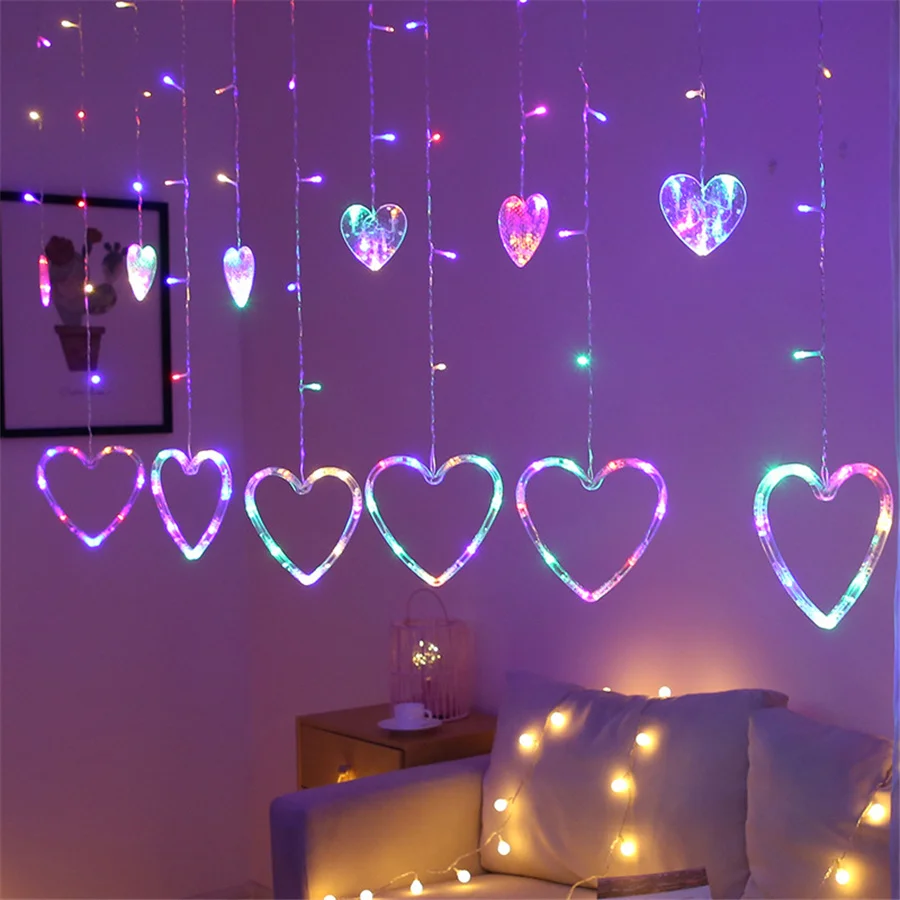 8 Modes 220V EU Plug LED Heart Shaped Curtain Lights Outdoor Garland Fairy String Lights for Party New Year Christmas Decoration