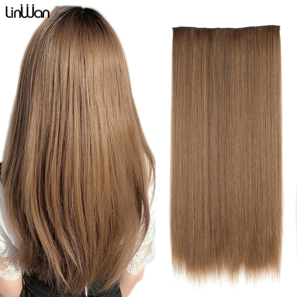 22 Inch Long Straight Synthetic 5 Clips in One Piece Hair Weave Hairpiece For Women Clip-in Hair Extensions Grey Brown Blonde