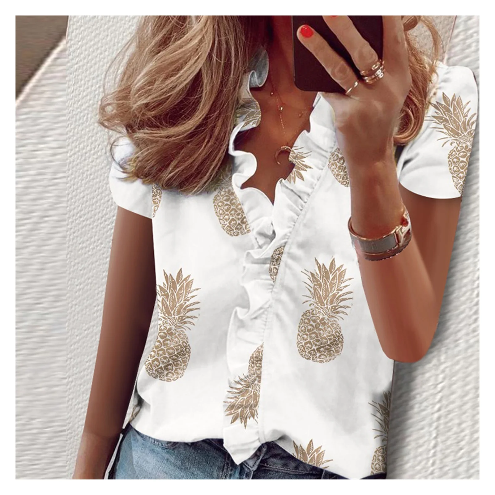 

Рубашка женская летняя с коротким рукавом и V-образным вырезом