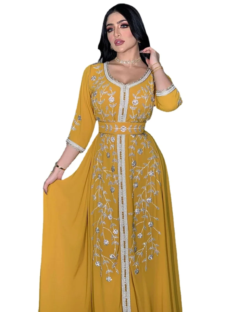 

Gulf Women Jalabiyat 2023 Diamonds Lace Tape Belted Kaftan Long Dresses Ramadan Gorgeous Party Style Muslim Women Clothing