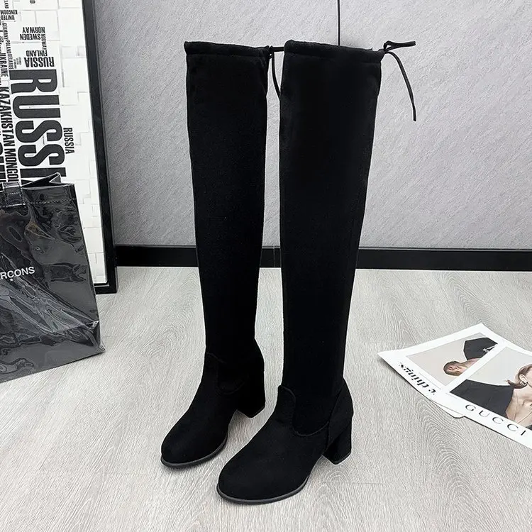 2021 Autumn and Winter Fashion New High-heeled Boots Thin Boots Stretch Knee Boots High-tube Boots Thick Heels Women