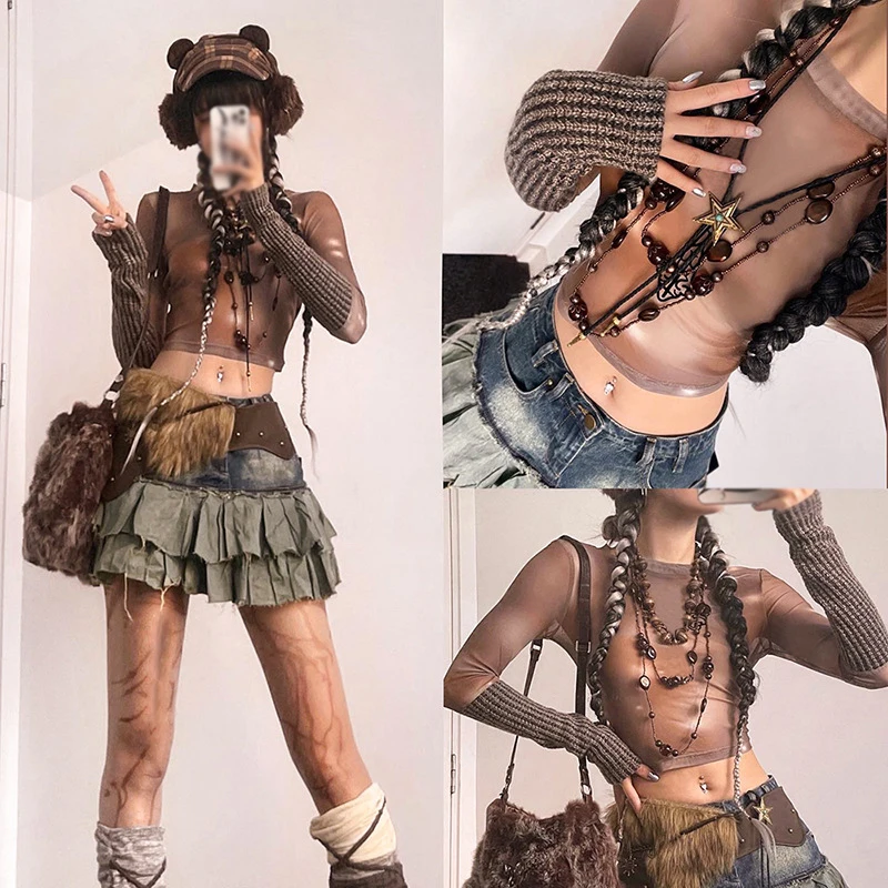 Женский вязаный сетчатый топ пуловер с длинными рукавами