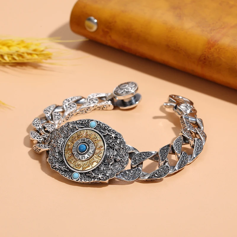 Новый мужской вращающийся браслет в буддистском стиле Jiugong Bagua серебряного цвета, мужские винтажные браслеты, ювелирные изделия тяжелой промышленности