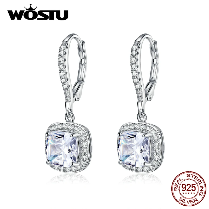 

WOSTU Authentic 925 Sterling Silver Fashion Square Drop Earring With Clear CZ Women Jewelry Earrings Luxury Brand Gift CQE520