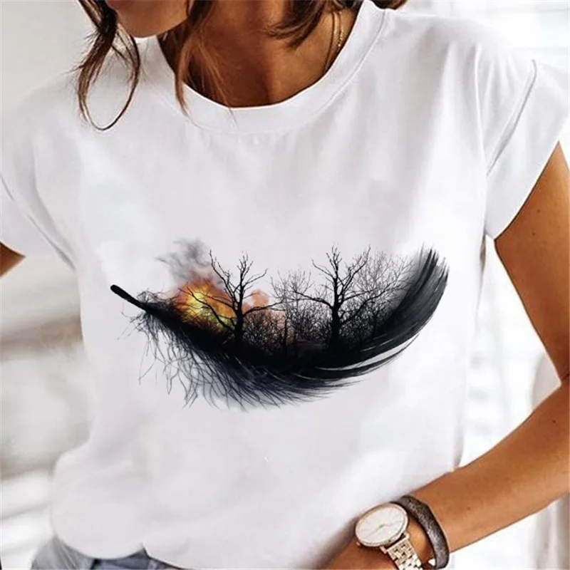 

Women Casual Harajuku Fashion T-shirt Feather Print Loose O-neck Short Sleeve Elastic Stretched Summer Home New Tee Shirt