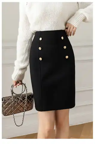 2022 Fashion Korean Style Skirts for Woman Button Vintage Solid Work Wear Pencil Skirt Lady Office Business Black Skirt
