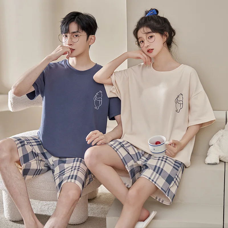 Summer Youth Couple's Pajamas Set Shorts Cotton Soft Breathable Sleepwear For Women Men Matching Lounge Wear Cartoon Printed Pjs