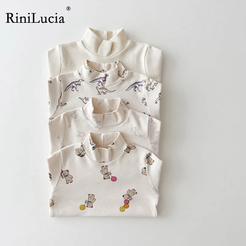 

RiniLucia New 2022 Autumn Winter Boys Girls Kids Cartoon Printed T Shirt Tops Children Turtleneck Long Sleeve Casual T-shirts