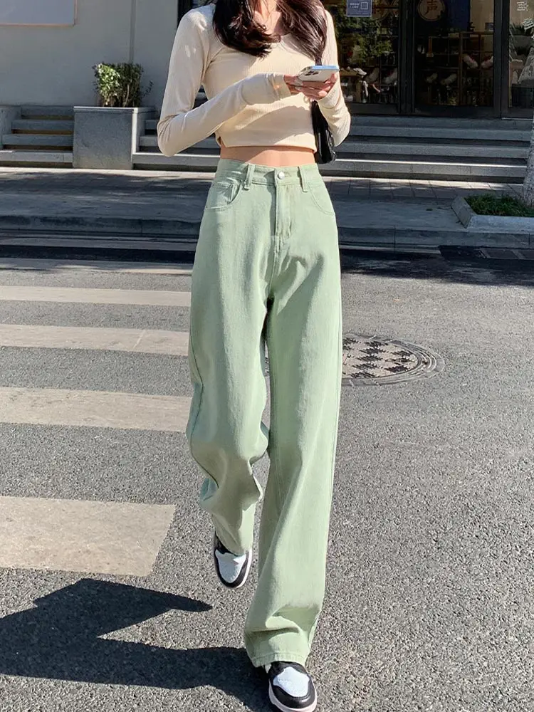 

2022 Spring High Waist Baggy Green Jeans Women Casual Straight Leg Loose Mom Pants Fashion Boyfriend Wide Leg Denim Trousers