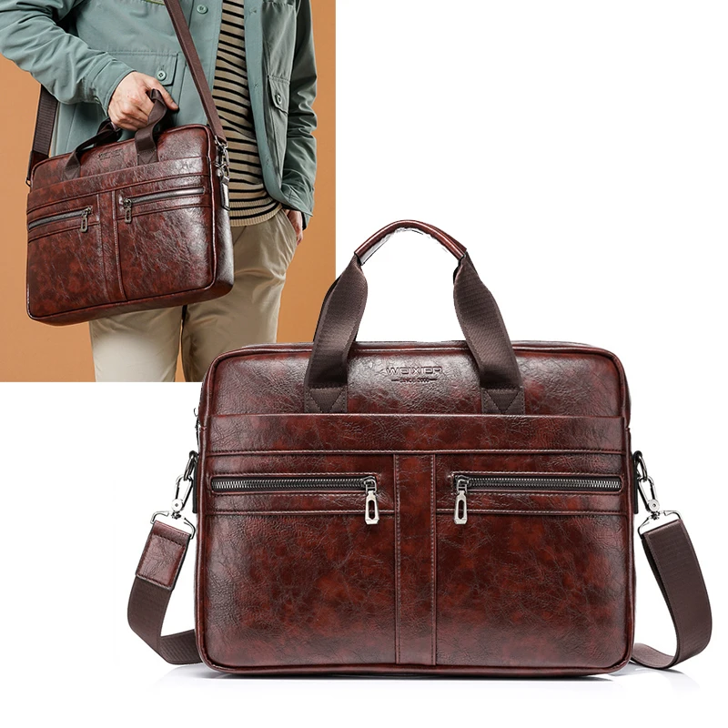 

Leather Men'S Briefcase Handbag Laptop Tote Document Folder Shoulder Business Office Work Messenger Crossbody Side Designer Bag