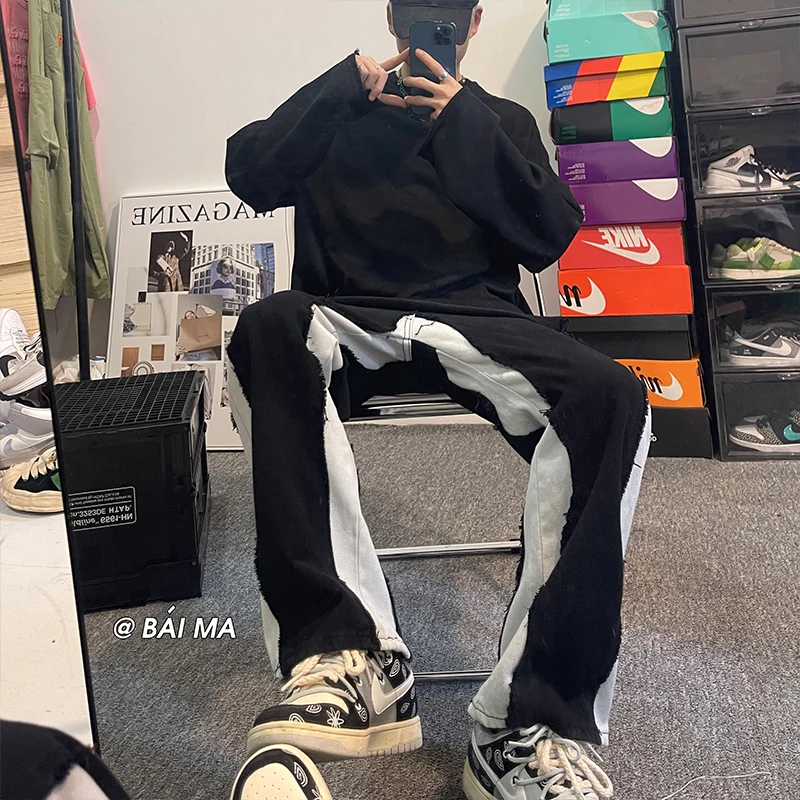 Pink Black Baggy Jeans Men Fashion Retro Harajuku Casual Straight Jeans Men Streetwear Hip Hop Loose Denim Pants Mens Trousers