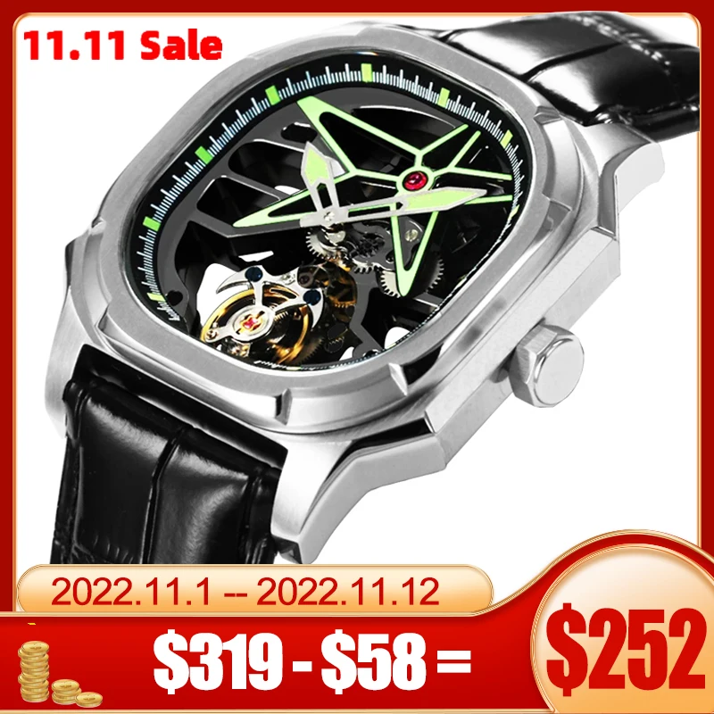 

AESOP Mens Real Tourbillon Mechanical Sports Waterproof Wrist Watches Skeleton Luxury Watch for Men Movement Luminous Diamond