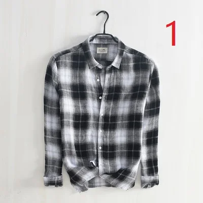 

Color matching lattice small fresh linen shirt men's art leisure long-sleeved shirt breathable men's cotton linen shirt