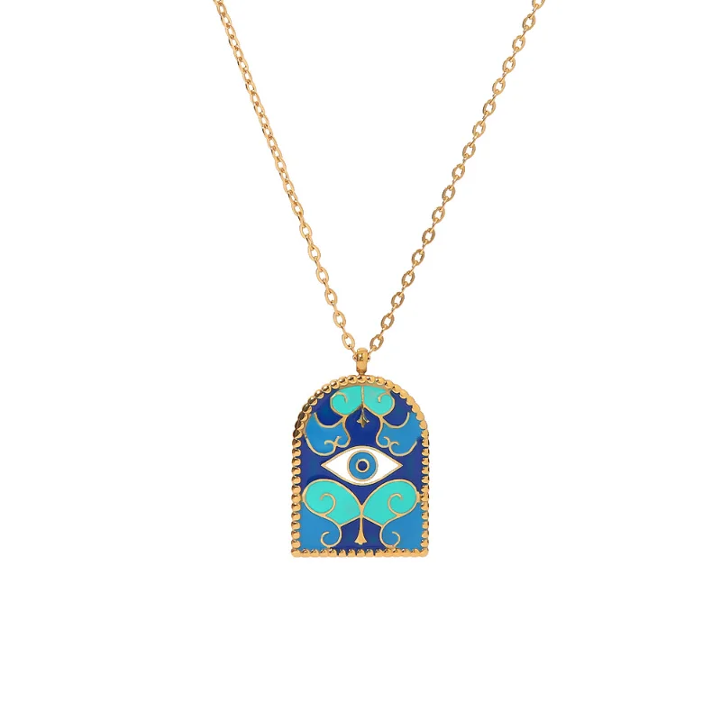 

Minar Boho Blue Color Enamel Evil Eyes Ancient Roman Arch Pendant Necklaces for Women 18K Gold Plated Stainless Steel Necklace
