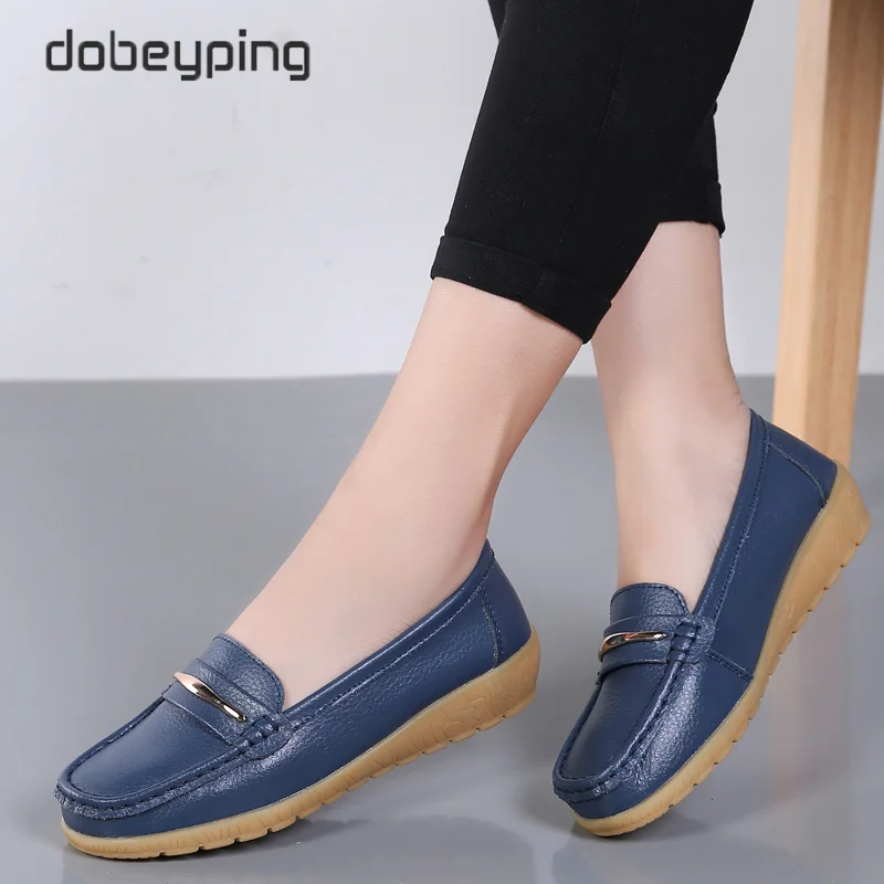 New Genuine Leather Casual Shoes Woman Slip On Women's Flats Moccasins Ladies Loafers Spring Autumn Mother Shoe Big Size 35-44