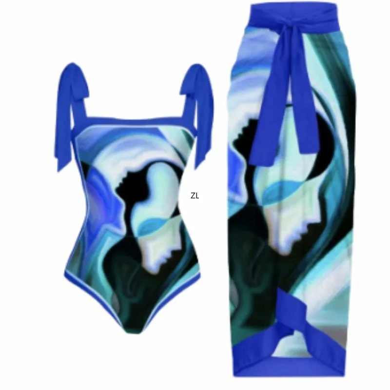 Bikini Bodysuit Swimwear Women With Skirt Bathing Suit Summer New Ruffle Splice Print Beachwear Holiday Bikini Cover Ups Outfits