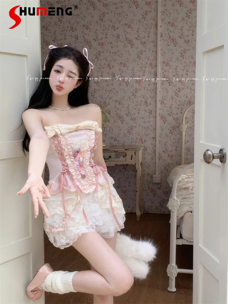 

Sweet Hot Girl Sleeveless Strapless Tube Top 2023 Summer New Cute Women's Ballet Style Mesh Short Skirts Set Two-Piece Suit