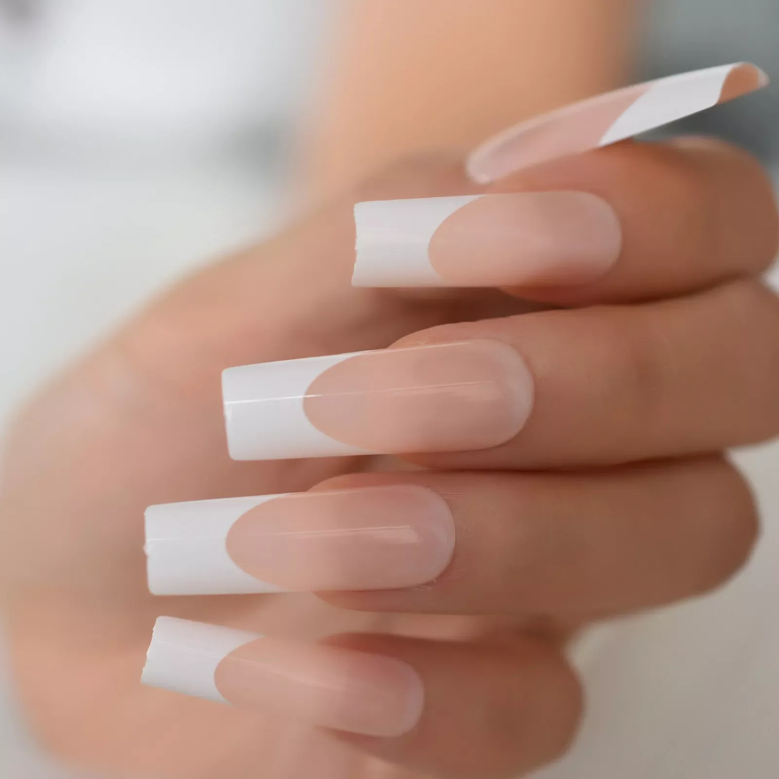 

Long Square Fake Nails Nude White French Tip Press On Nails Full Cover Glossy Gel False Nail Art Manicure for Women