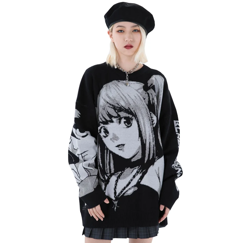 

Men and Women Hip Hop Cartoon Knit Loose Sweater Street Anime Style Winter 2022 Casual Retro Couples Pullover Sweater