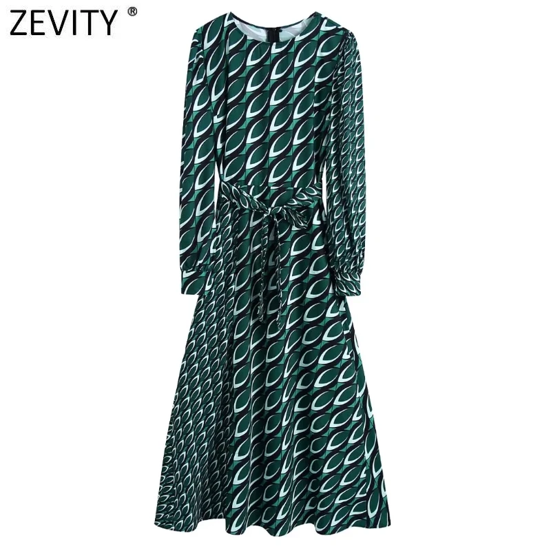 

ZEVITY New Women Vintage Geometric Patchwork Print Bow Sashes Casual Midi Shirt Dress Lady Chic Long Sleeve Retro Vestido DS9235