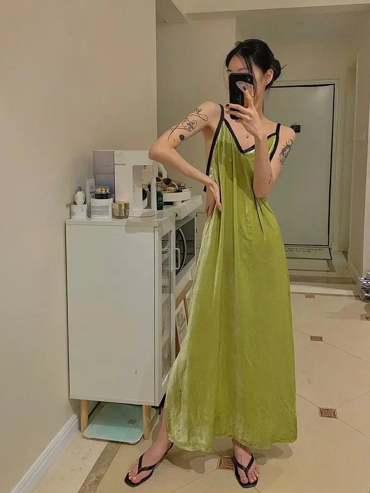 

Женское платье на бретелях, повседневное однотонное зеленое платье без рукавов с V-образным вырезом в Корейском стиле на лето