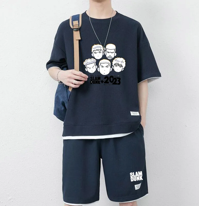 Slam Dunk Print Men Tops + Pants 2 Piece Set Japanese Anime Casual T-shirt and Shorts Summer Short Sleeve Basketball Sportswear