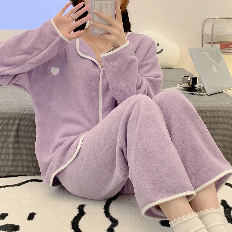 Coral velvet pajamas women's winter thickened V-neck pullover purple flannel warm simple casual soft skin-friendly homewear suit