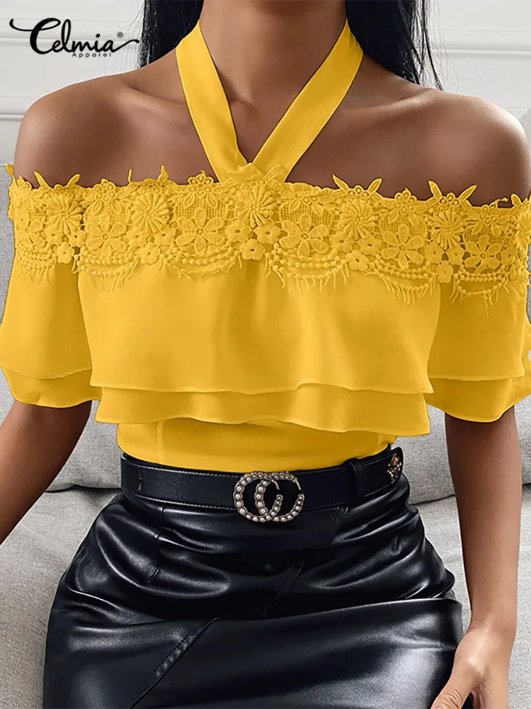 

Celmia Short Sleeve Lace Stitching Blouses Ruffles Sexy Halter Back Zipper Women Tunics Tops Fashion Street Solid Party Shirts