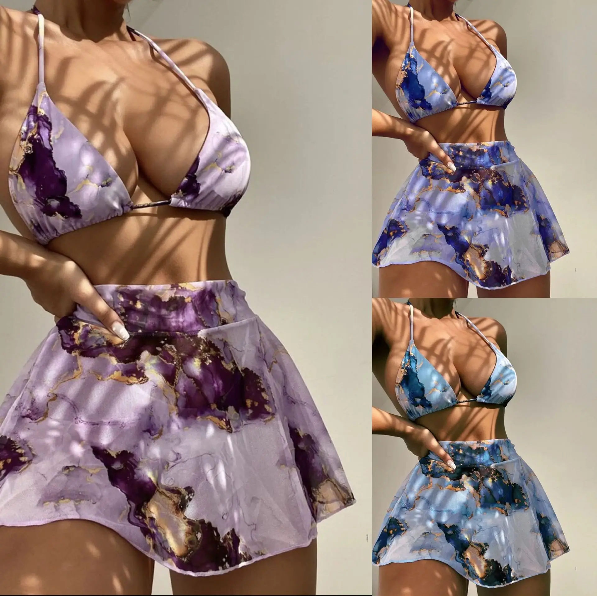 

Bandeau Bikini 2022 Purple Print Swimwear Women Skirts 3 Pieces Set Halter String Women Swimsuit Sexy Bathing Suit Summer