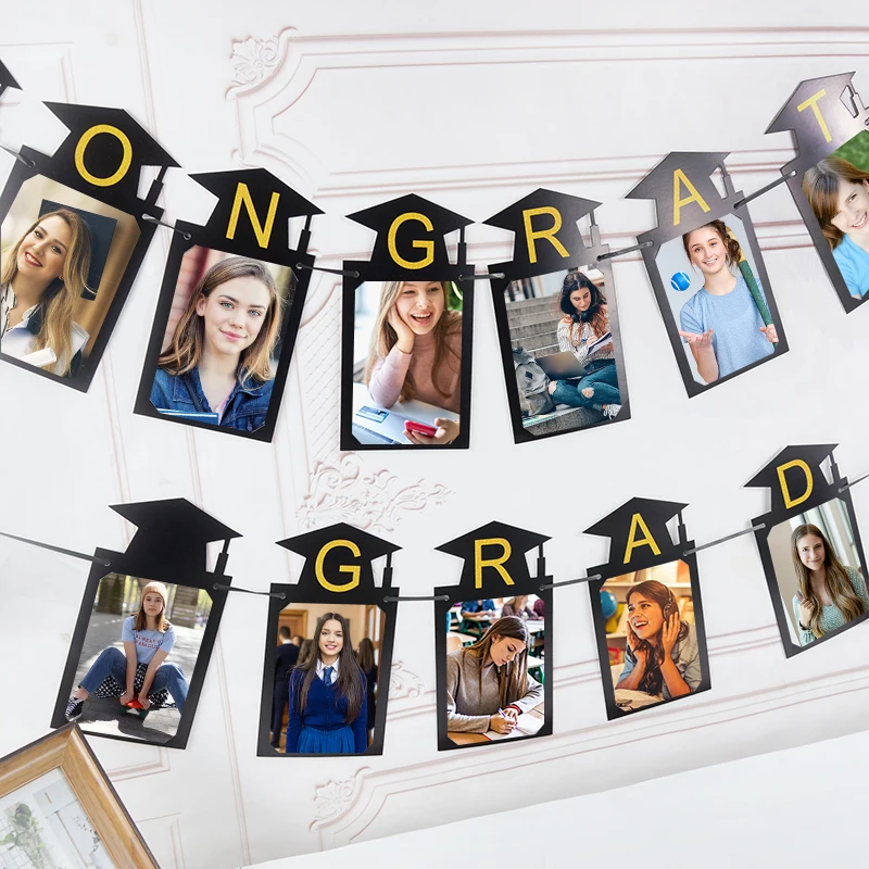 

Congrats Grad Photo Frame Hanging Banner Doctoral Hat Graduation Party Decoration School Party Background Wall Ceremony Scene