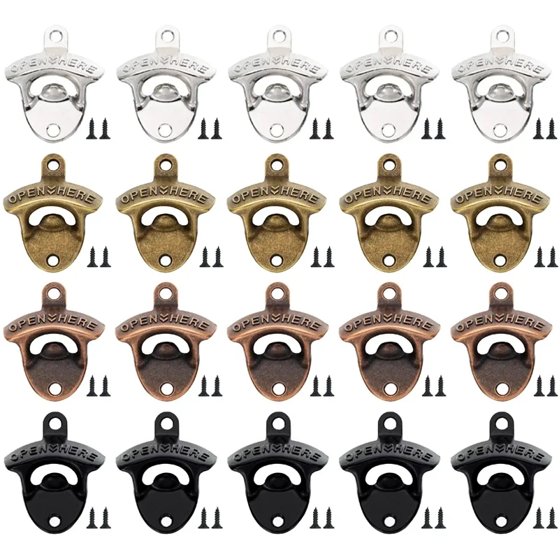 

20 Pack Open Here Bottle Opener Wall Mounted Vintage Retro Zinc Alloy Beer Openers Tools Four Colors Bar Decoration Accessories